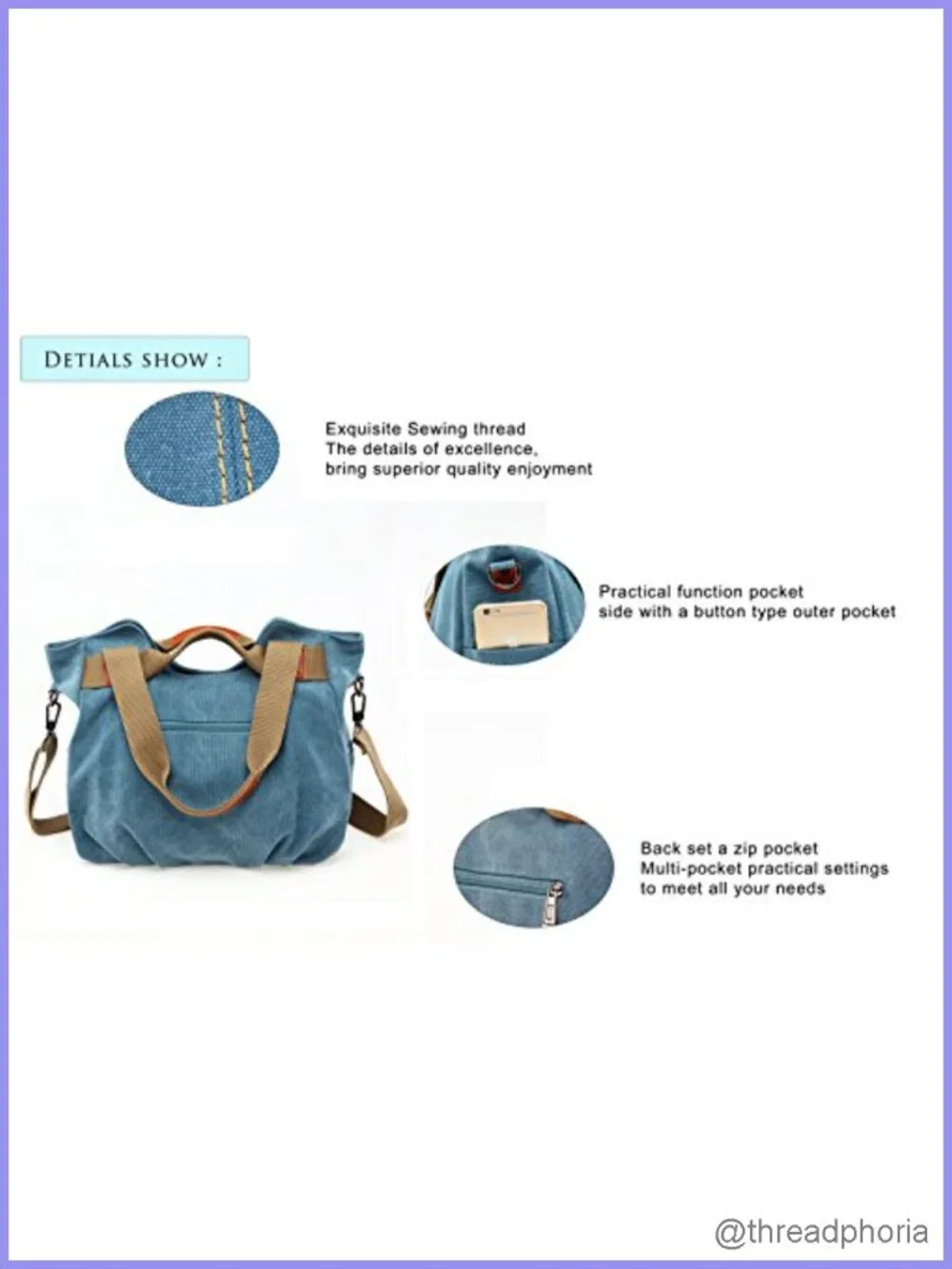 Vintage Hobo Canvas Shoulder Tote Bag with Adjustable Strap